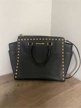 MICHAEL KORS Selma Black Leather Studded Satchel with Gold Hardware